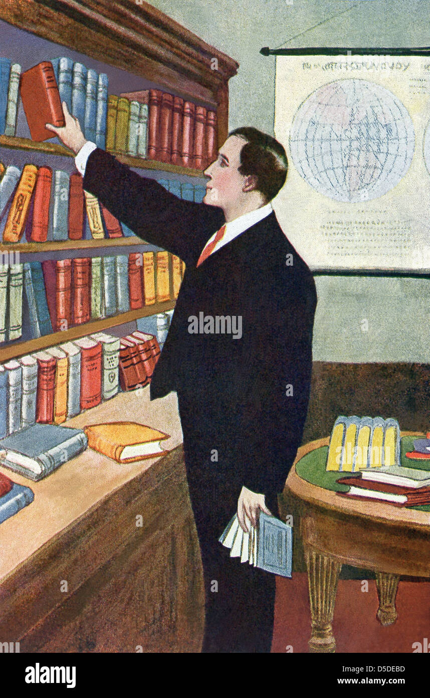 A businessman does some research in his library in this illustration that dates to 1917. Stock Photo