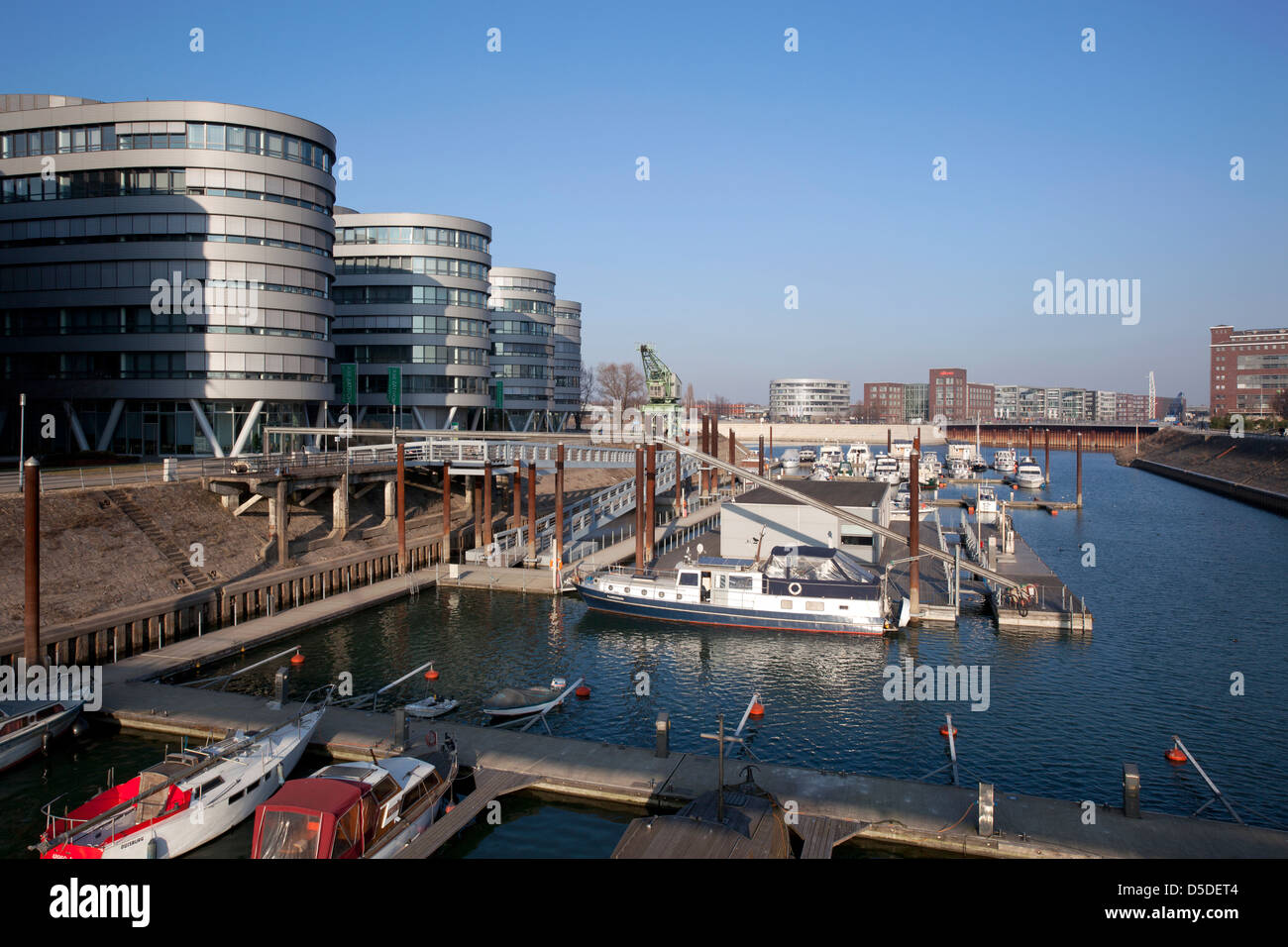 Duisburg, North Rhine-Westphalia, Germany, Duisburg's inner harbor with the Gebaeudekomplex Five Boats and Marina Stock Photo