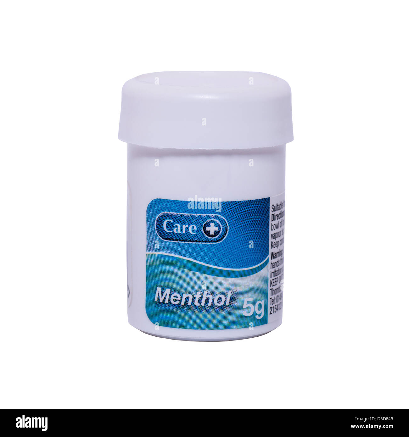 A tub of Menthol crystals for clearing congestion on a white background Stock Photo