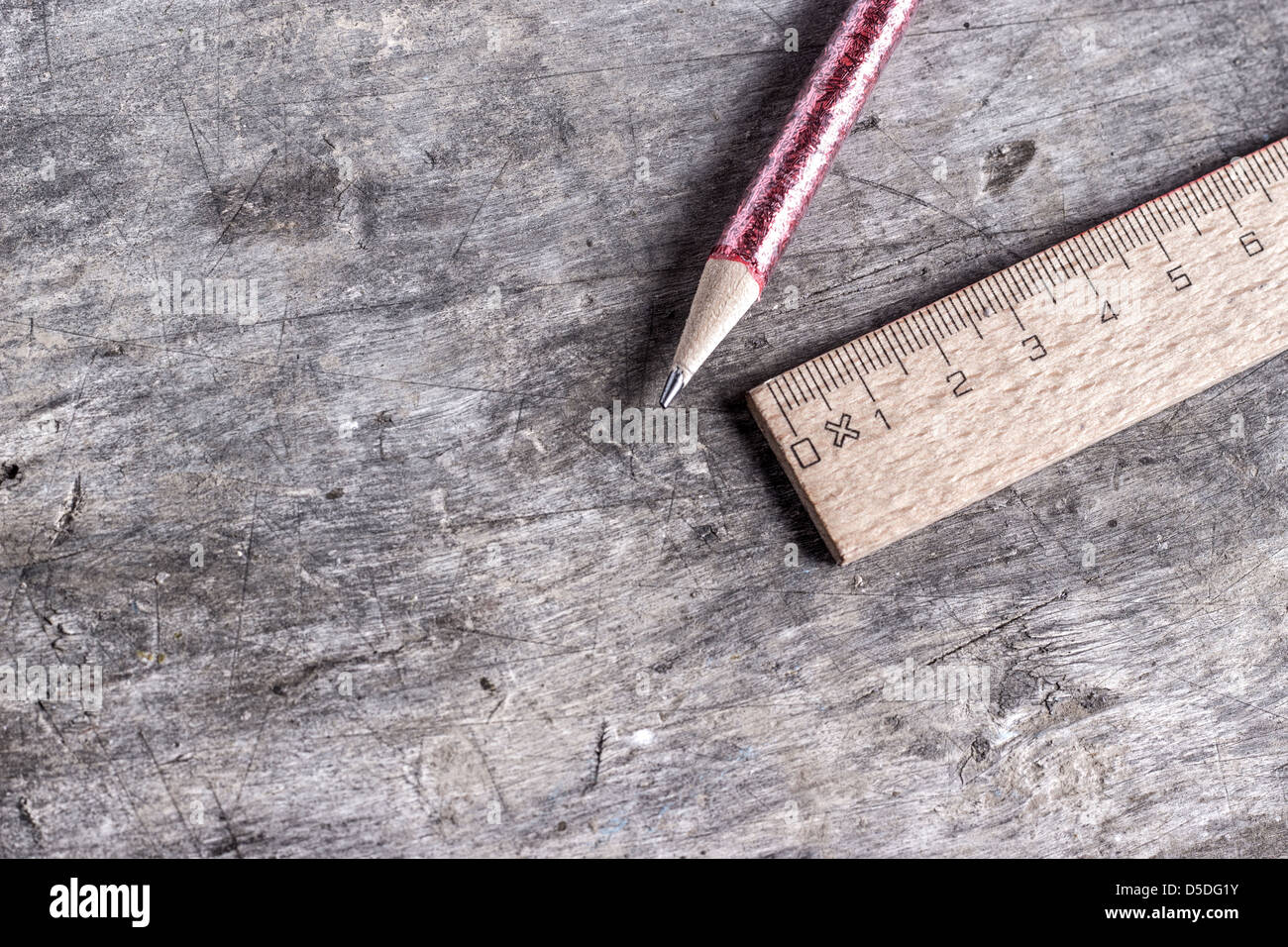 wooden ruler and pen on wooden table Stock Photo