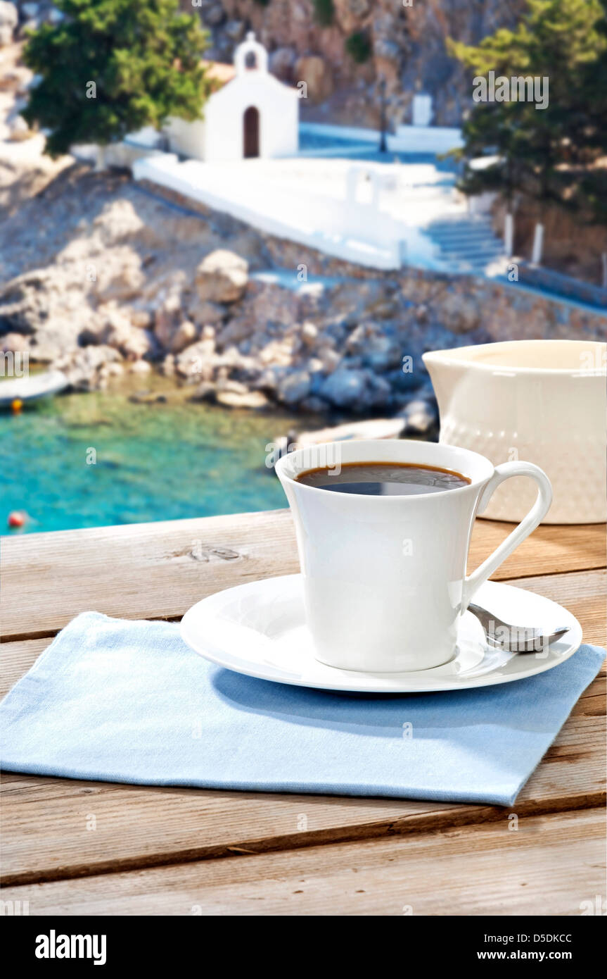 Black Coffee Served On An Aged Table At A Greek Island Stock Photo Alamy