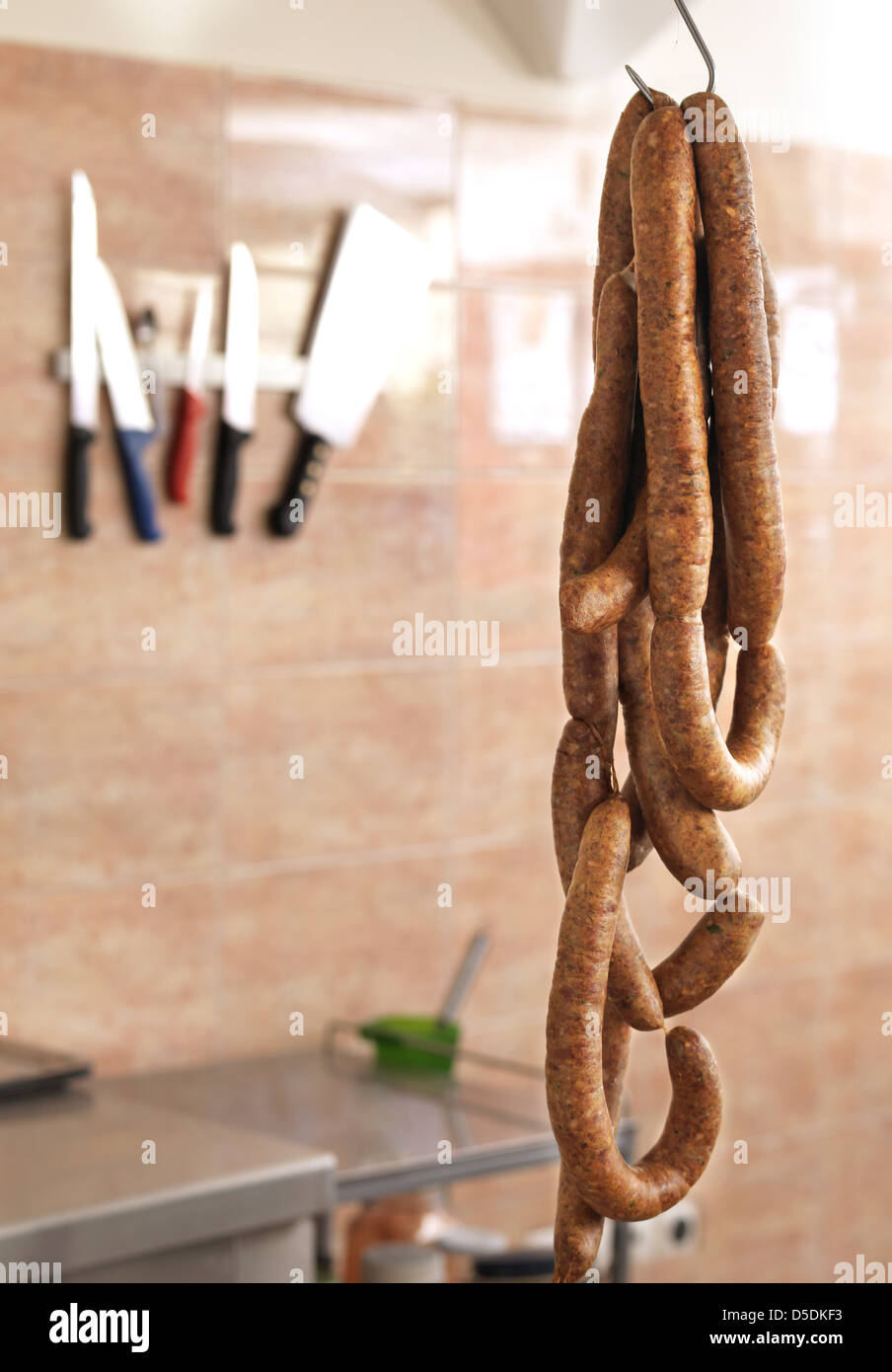 sausages hanging in a butchery Stock Photo Alamy