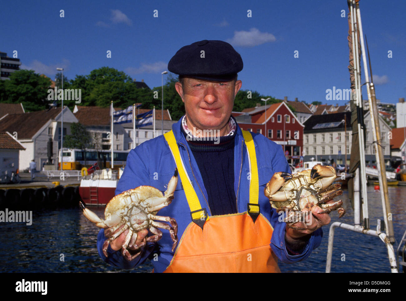 A Norwegian fisherman holds two of his catch of fresh edible crab at dockside near the fish