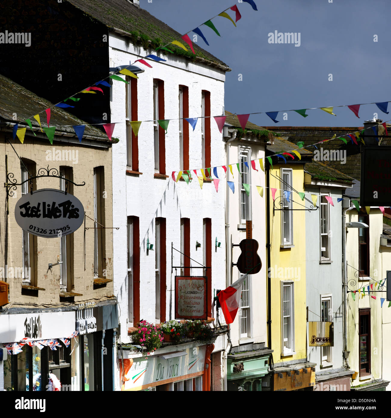 Shop buildings, High Street, Falmouth, Cornwall, England Stock Photo