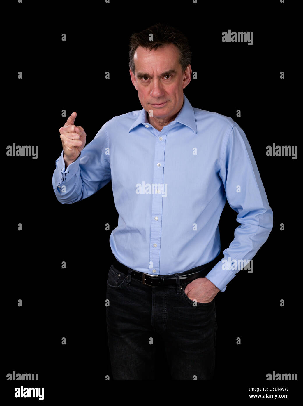 Angry Middle Age Business Man Pointing Finger Black Background Stock Photo