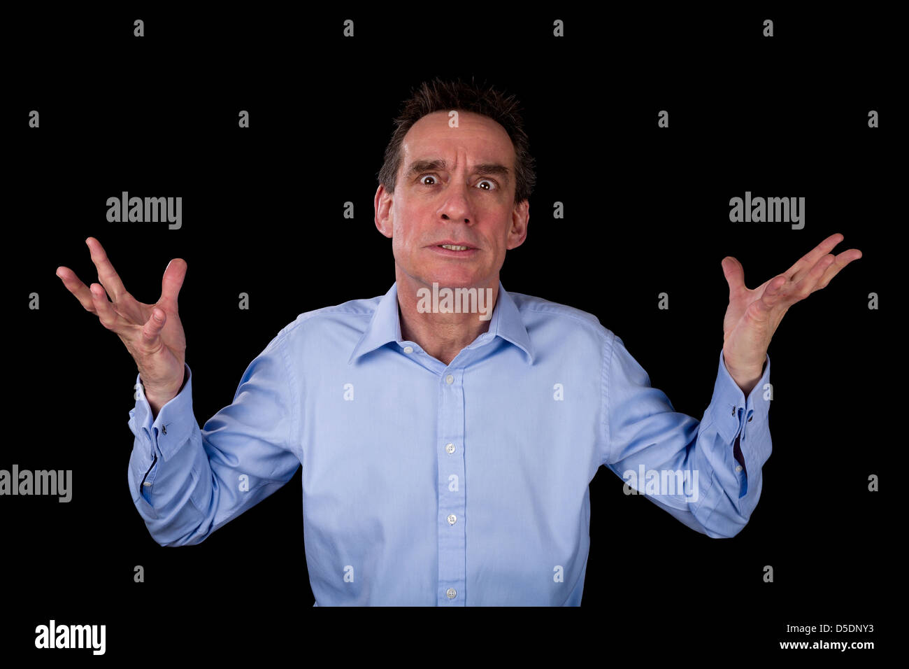 Angry Frustrated Middle Age Business Man Hands Raised Black Background Stock Photo