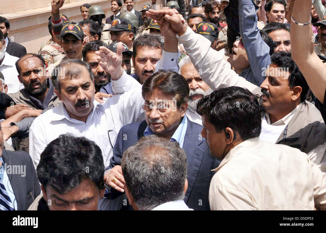Former Pakistan President Gen. (R) Pervez Musharraf  comes to extend his bail on charges of conspiracy to murder Chairperson Peoples Party, Benazir Bhutto, Baloch leader Nawab Akbar Bugti and sacking judges, at High Court Sindh in Karachi. Pervez Musharraf granted 15 days extension in sacking judges’ case and 21days extension in  other two cases. Stock Photo