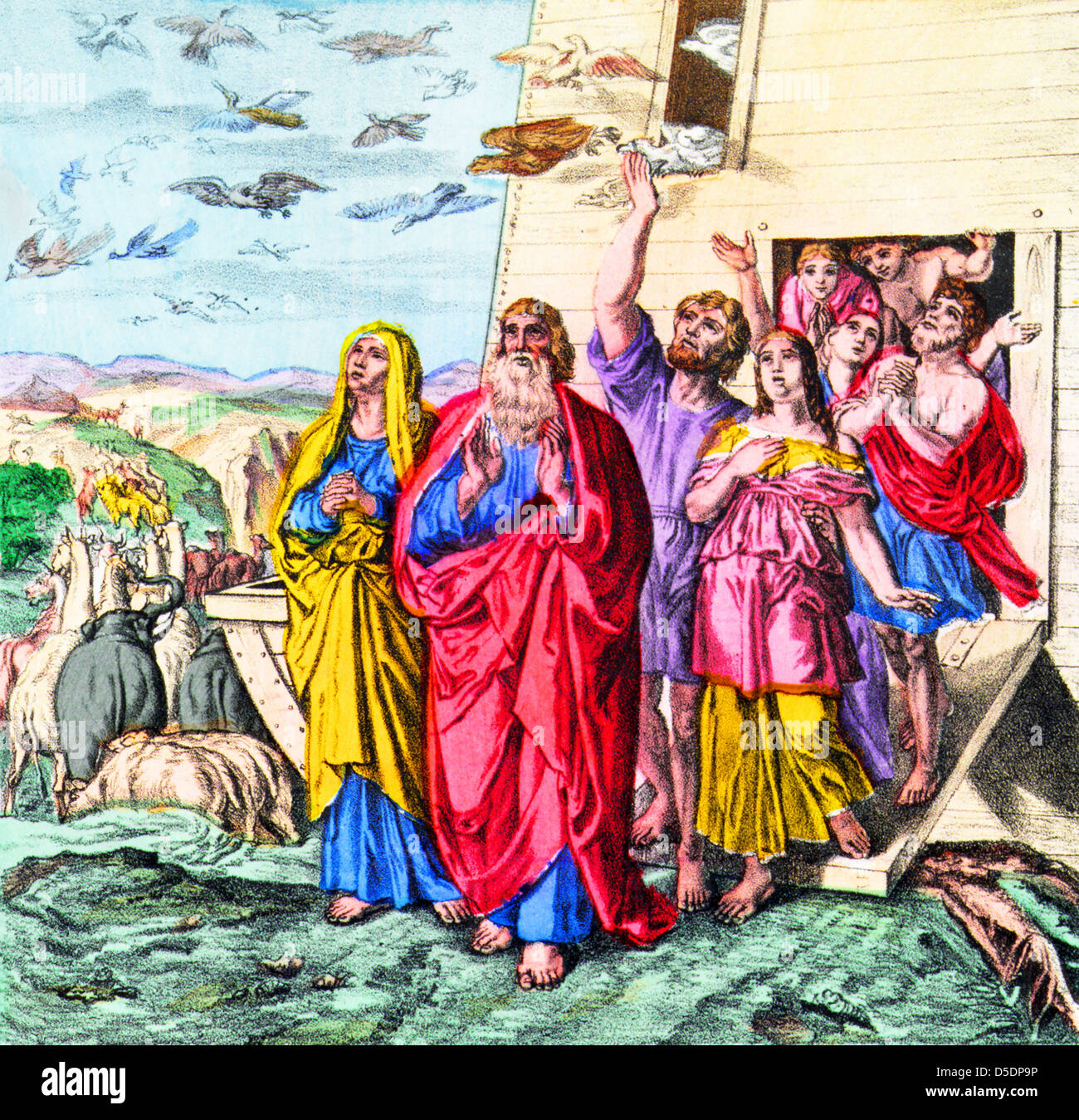 Vintage print depicting Noah and his family leaving the Ark after the