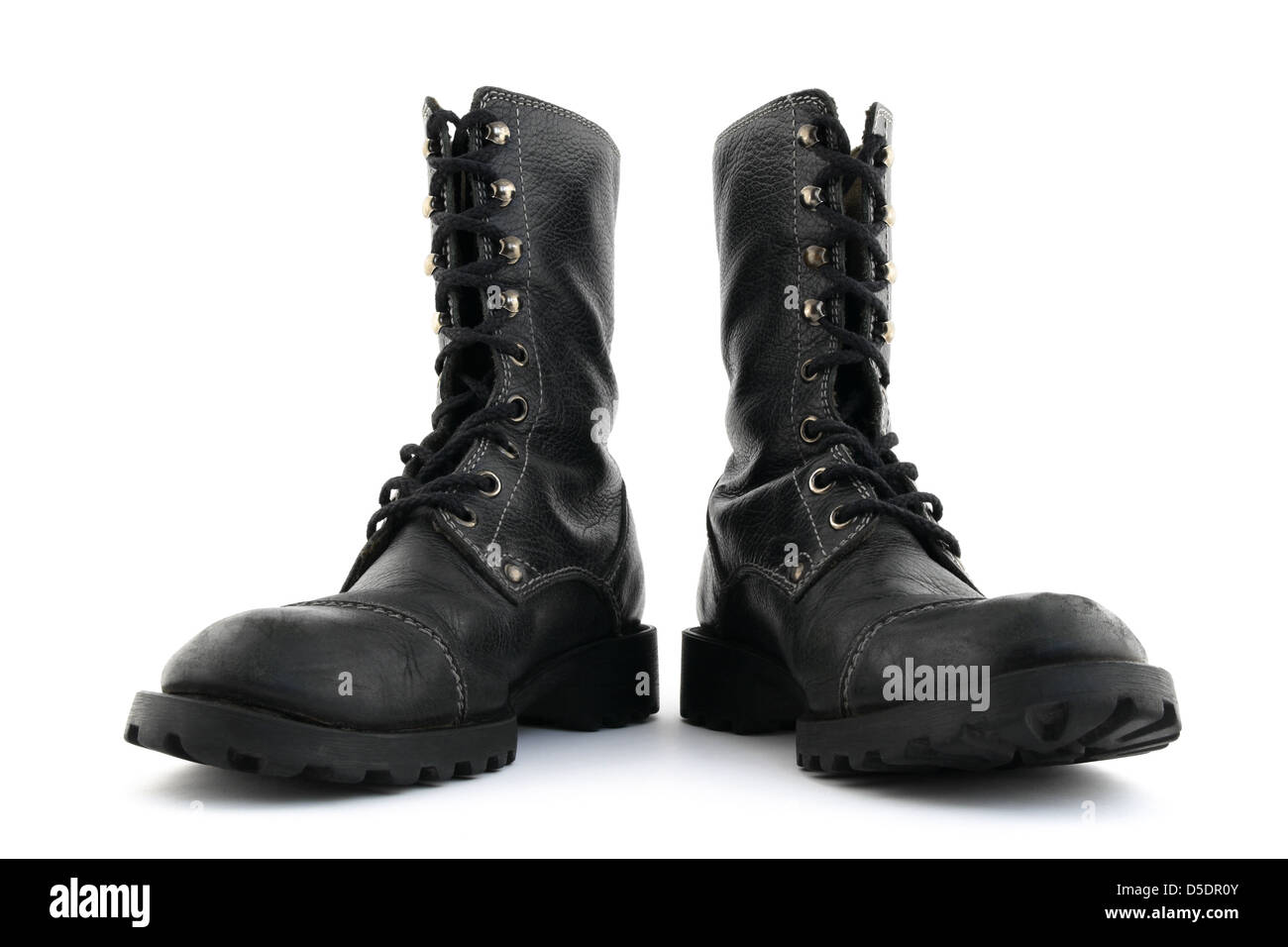 Military style black leather boots on white background Stock Photo - Alamy