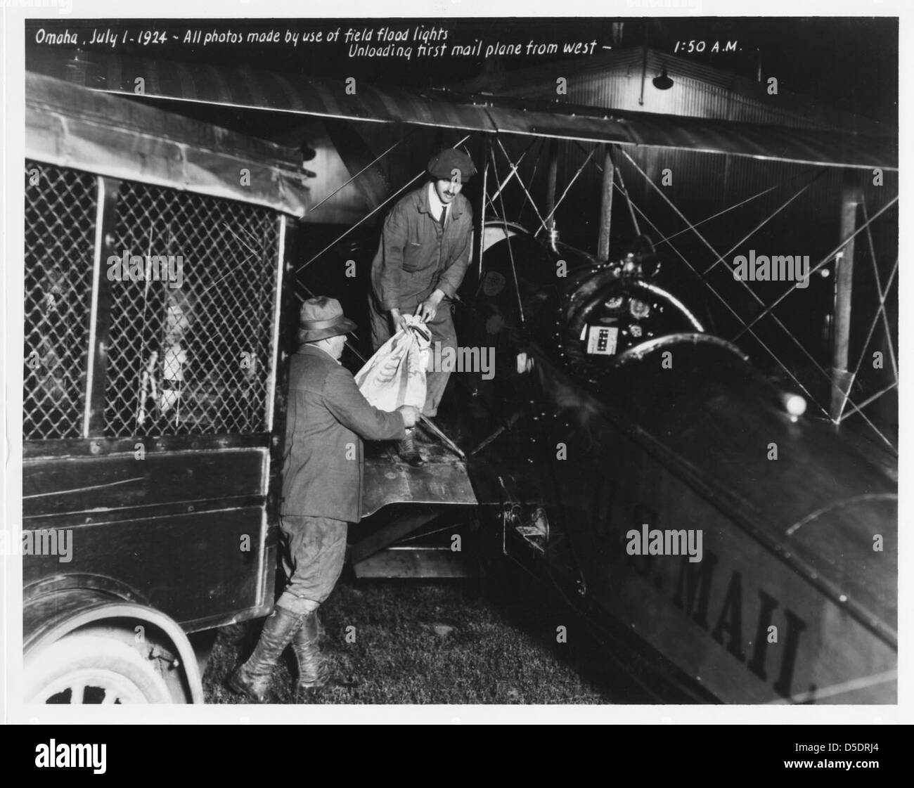 Unloading Airmail in Omaha, Nebraska on July 1, 1924 Stock Photo