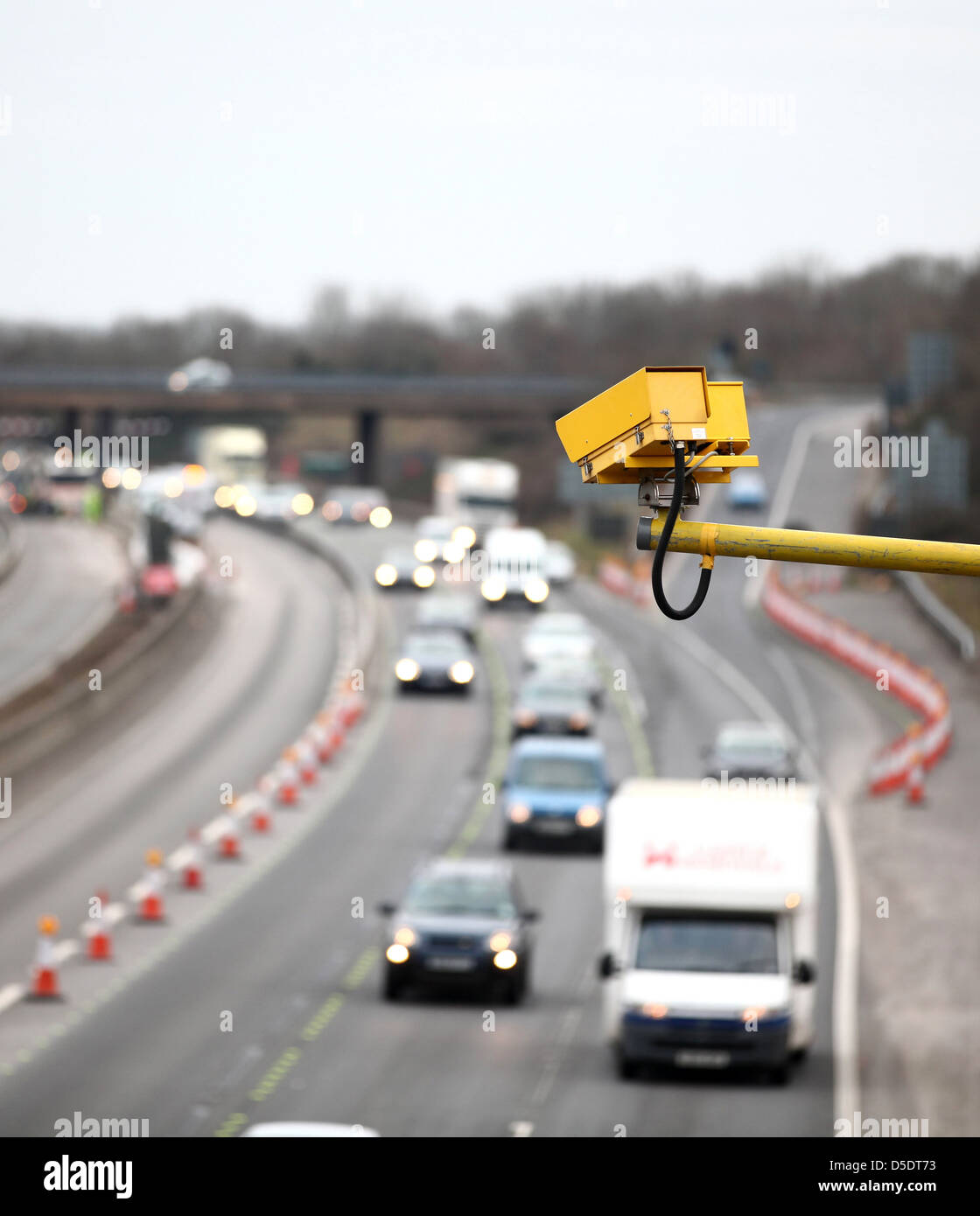 Average speed camera set to catch speeding drivers in a section of roadworks on the M5 motorway near Clevedon in Somerset, Stock Photo