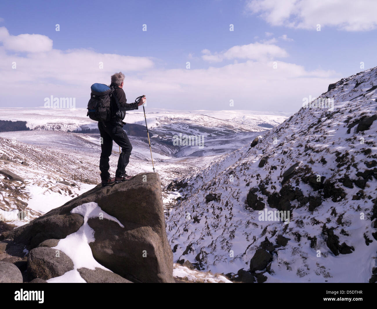 Peak District National Park, Derbyshire,UK. 29th March, 2013. A walker at the top of Fairbrook on the edge of Kinder Scout in the Peak District National Park, Derbyshire,UK. Winter continues in these high hills. Credit: Eric Murphy/Alamy Live News Stock Photo