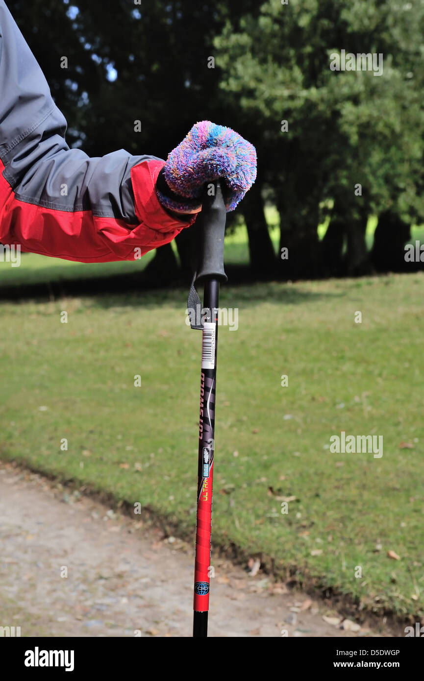A womans gloved hand resting on a walking hiking pole  stick ( model released) Stock Photo