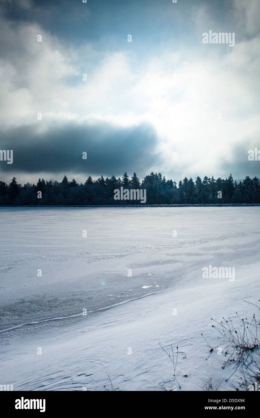 A reservior sits frozen with a fresh coating of snow in the early mornig light. Snowshoe, VW Stock Photo