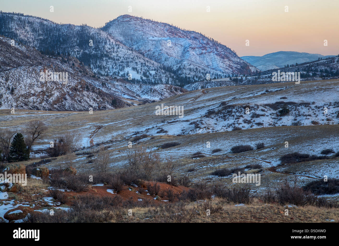 winter dusk at mountain valley of North Fork Cache la Poudre River in northern Colorado Stock Photo