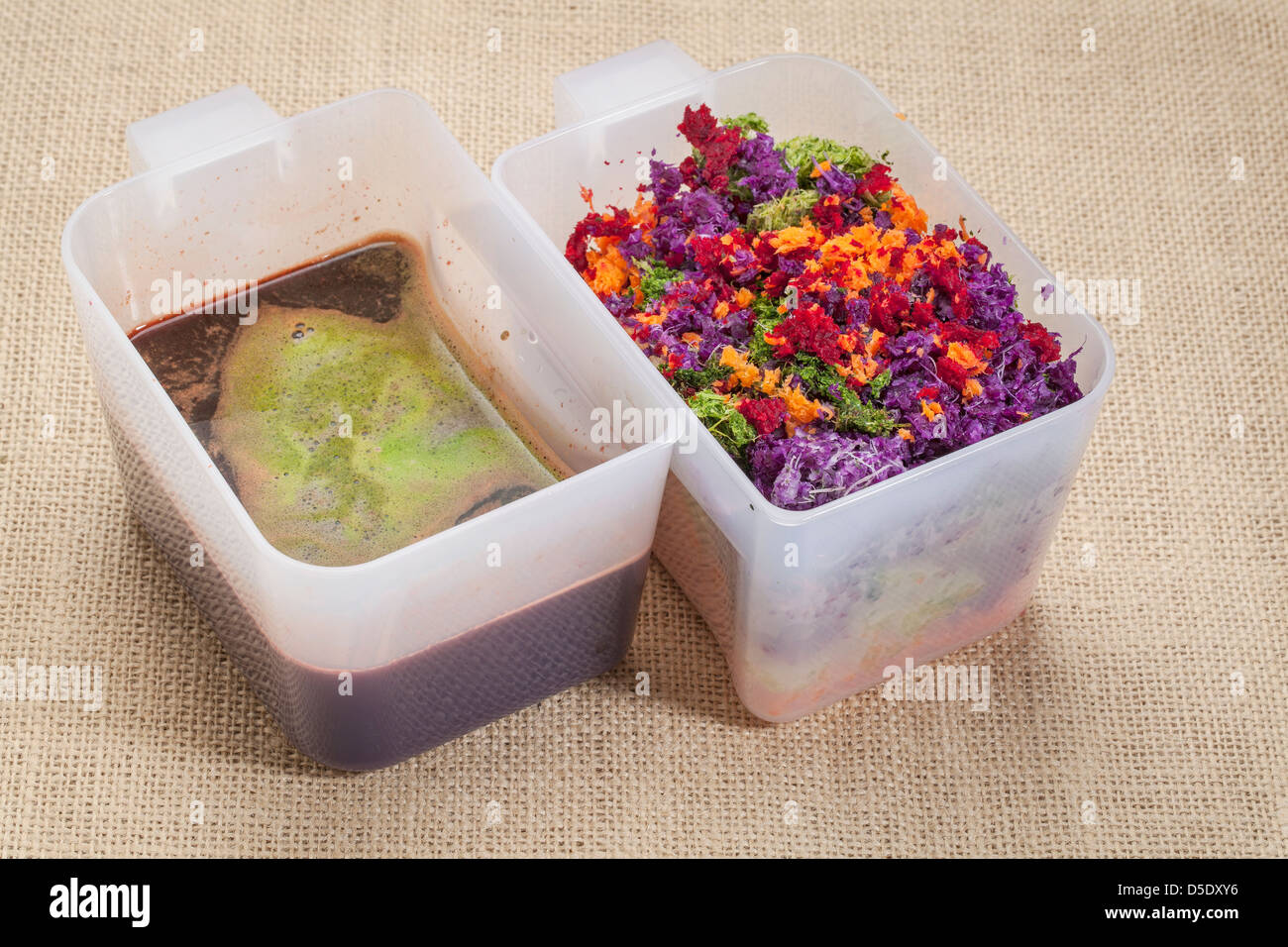 colorful juicer pulp and fresh juice after juicing raw vegetables