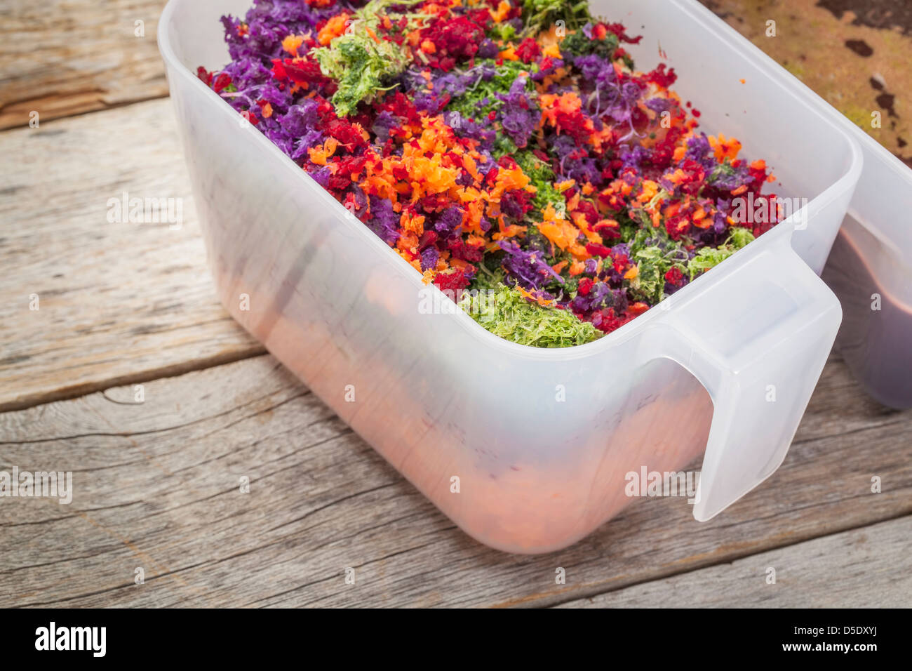 colorful juicer pulp after juicing raw vegetables (carrot, red beat, cucumber, kale, red cabbage