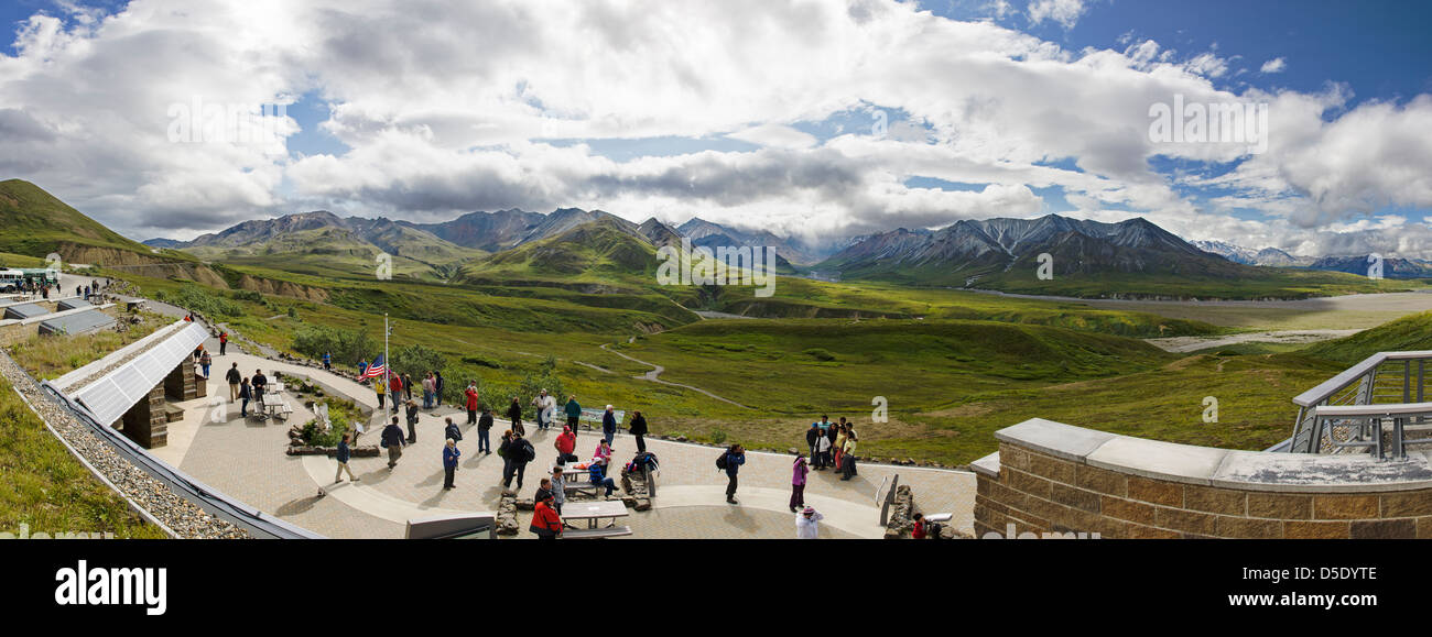 Panorama view s of Alaska Range w Mt. McKinley (Denali Mountain) partially obscured by clouds, Eielson Visitor Center Alaska, US Stock Photo