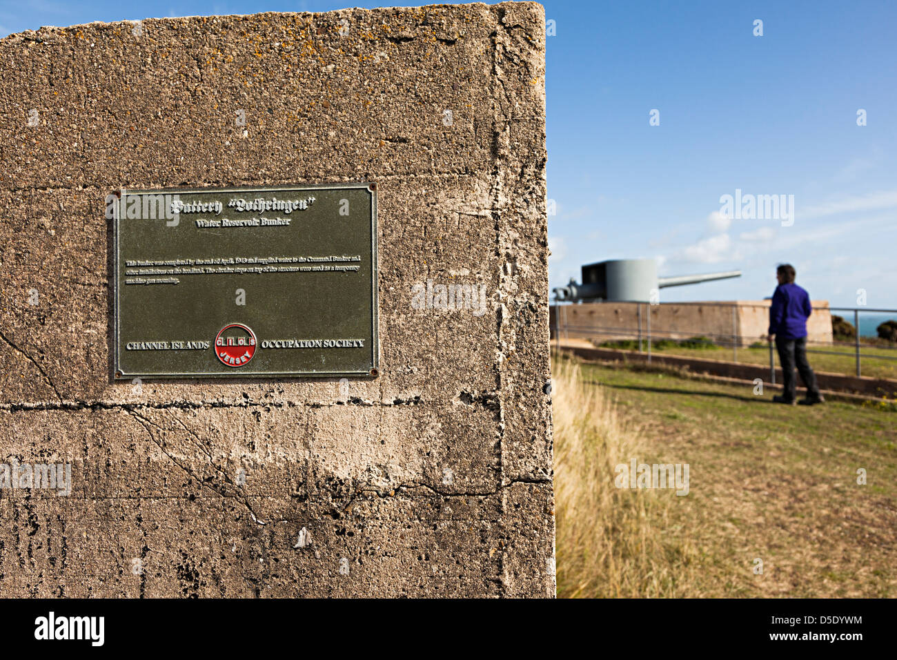 Occupation Society plaque on Battery Lothringen gun site, Water Reservoir Bunker, Noir Mont, Jersey, Channel Islands, UK Stock Photo