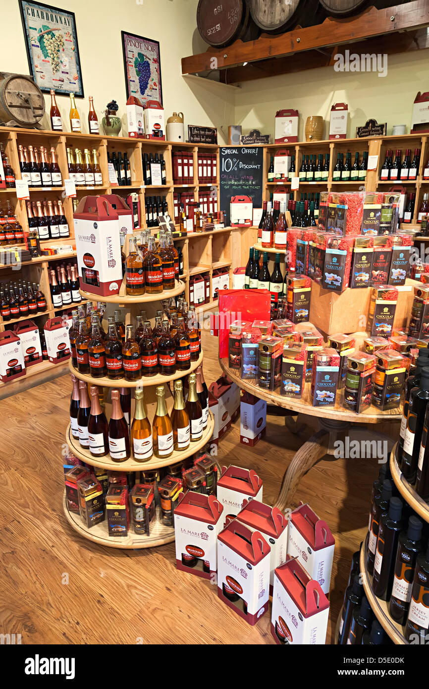 Wines on sale in shop at La Mare vineyards estate, Jersey, Channel Islands, UK Stock Photo