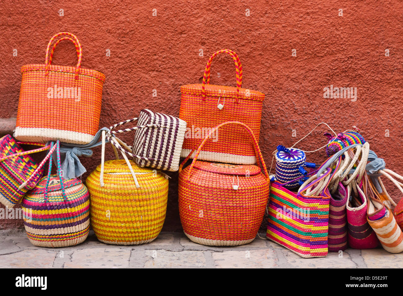 Selling colorful baskets, San Miguel de Allende, Mexico Stock Photo
