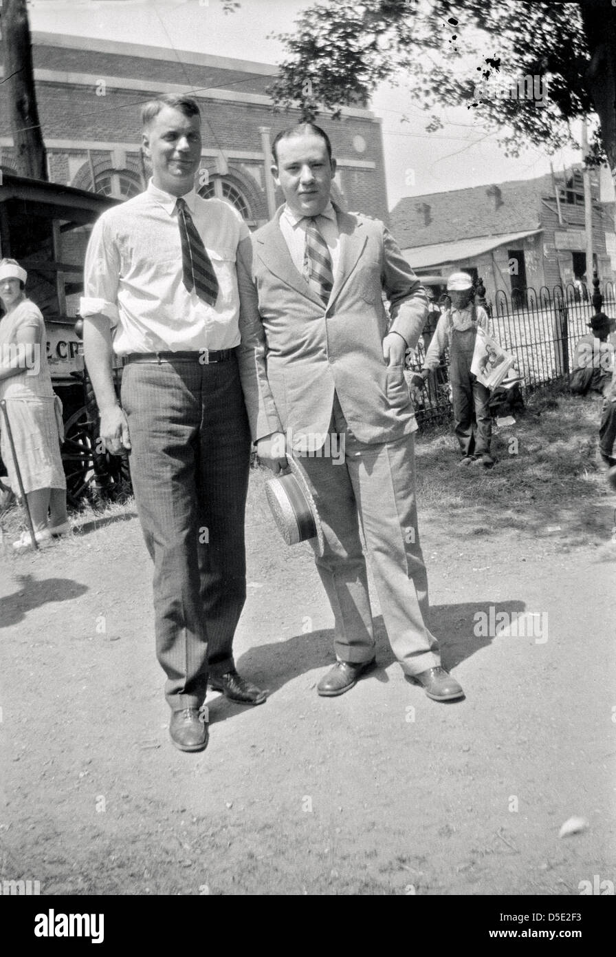College student William Silverman (at right), standing with his former high school teacher, Creed F. Bates Jr., on the lawn of the Rhea County Courthouse, Dayton, Tennessee, July 1925. Stock Photo