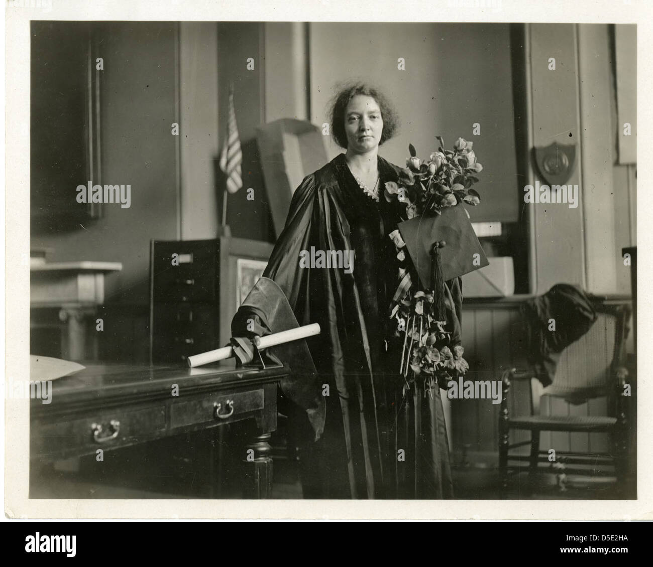 A portrait of Ire'ne Joliot-Curie, a French physicist and daughter of Marie Curie, taken in 1921. The image highlights her pioneering contributions to science, particularly in the field of radioactivity. Stock Photo