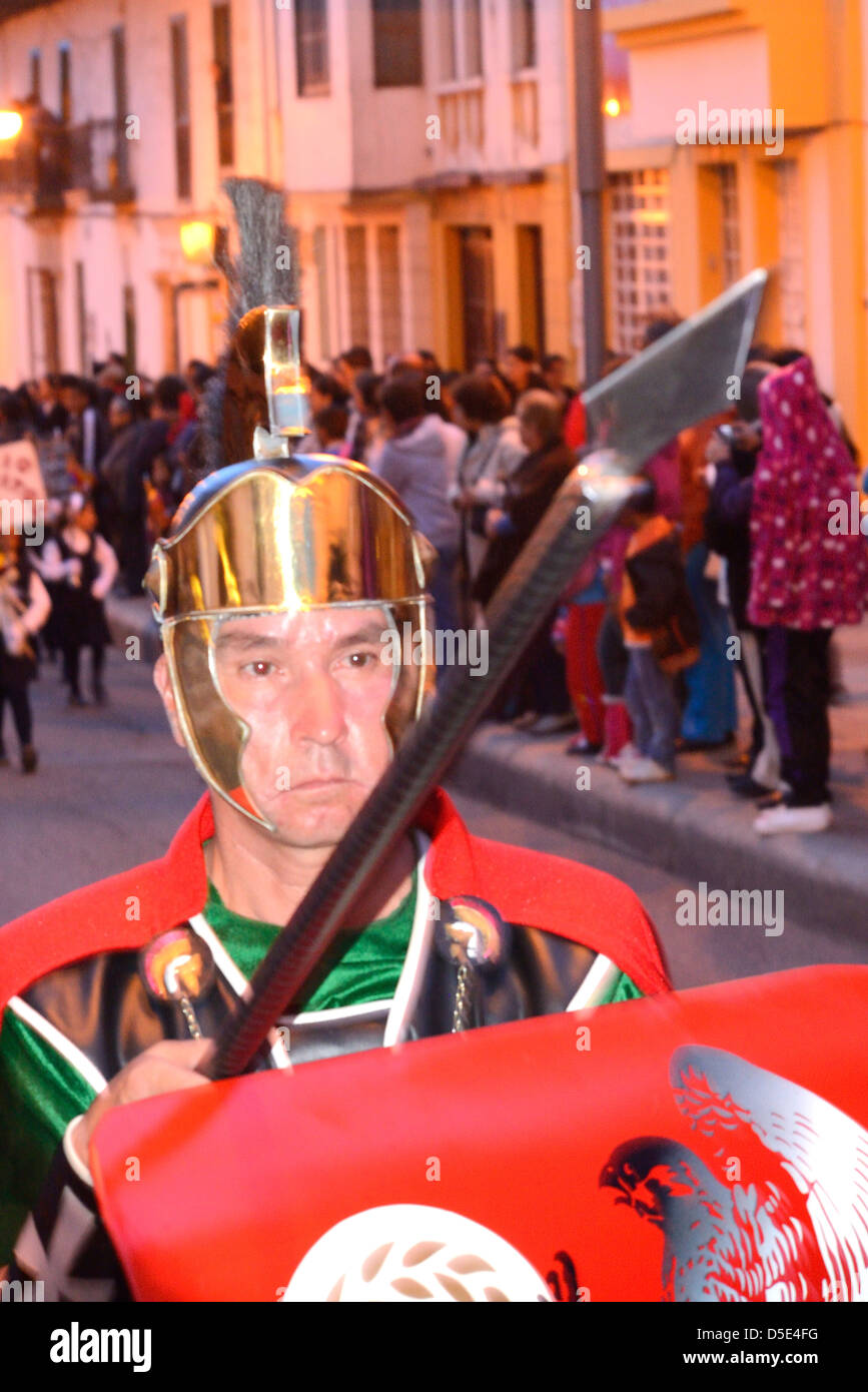 Parade for Easterin Tunja, Colombia, Boyacá, Andes, South America. Man dressed as a Roman Soldier. Stock Photo