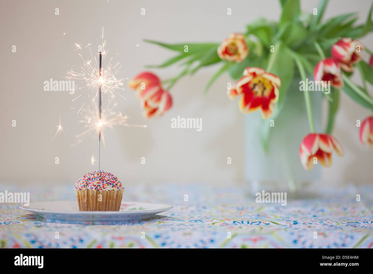 Cupcake and sparkling sparkler Stock Photo