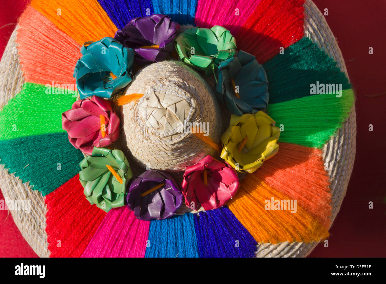 Colorfully decorated lid of a weaving basket, Yucatan, Mexico Stock