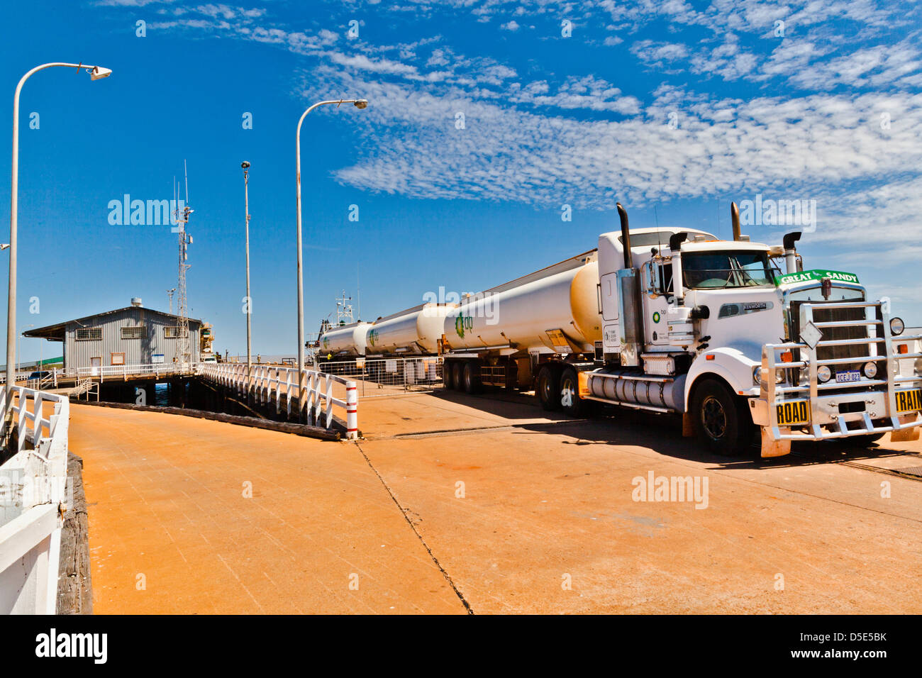 Australia, Western Australia, Derby, tanker road train on Derby wharf Stock Photo