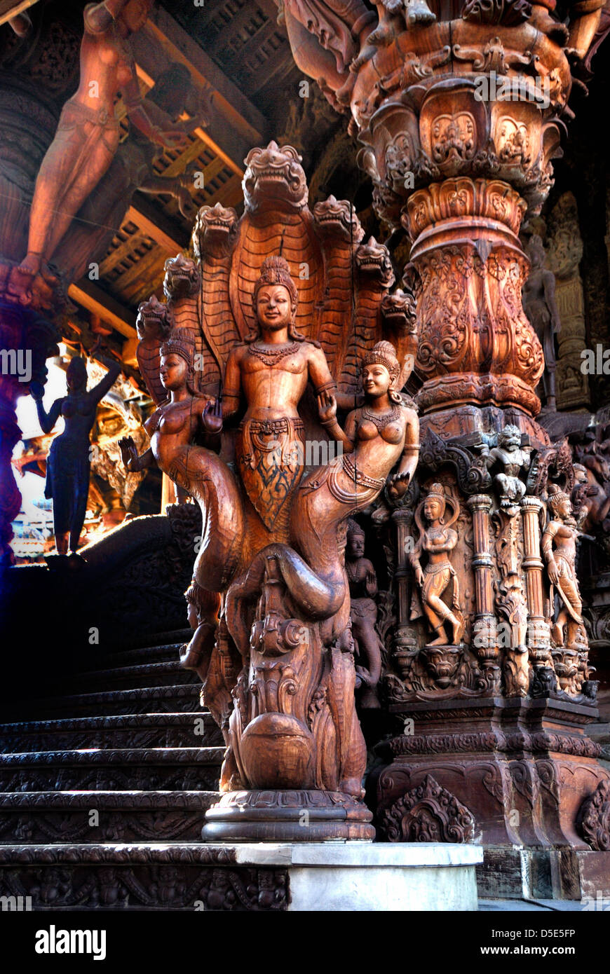 Wood carvings at the sanctuary of truth pattaya Thailand taken on the 28/02/2013 Stock Photo