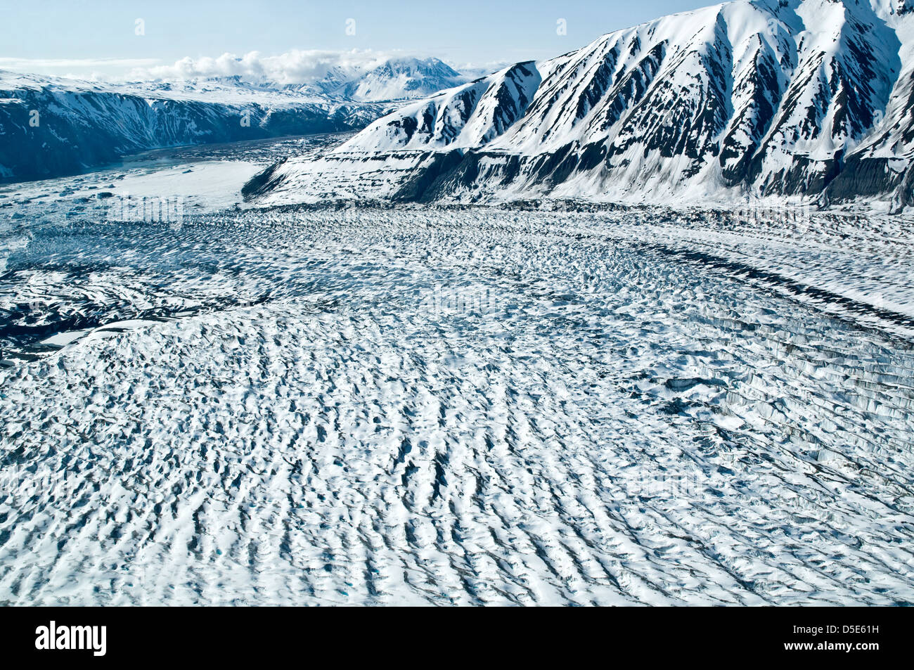 An aerial view of a glacier and ice fields during a glacier viewing