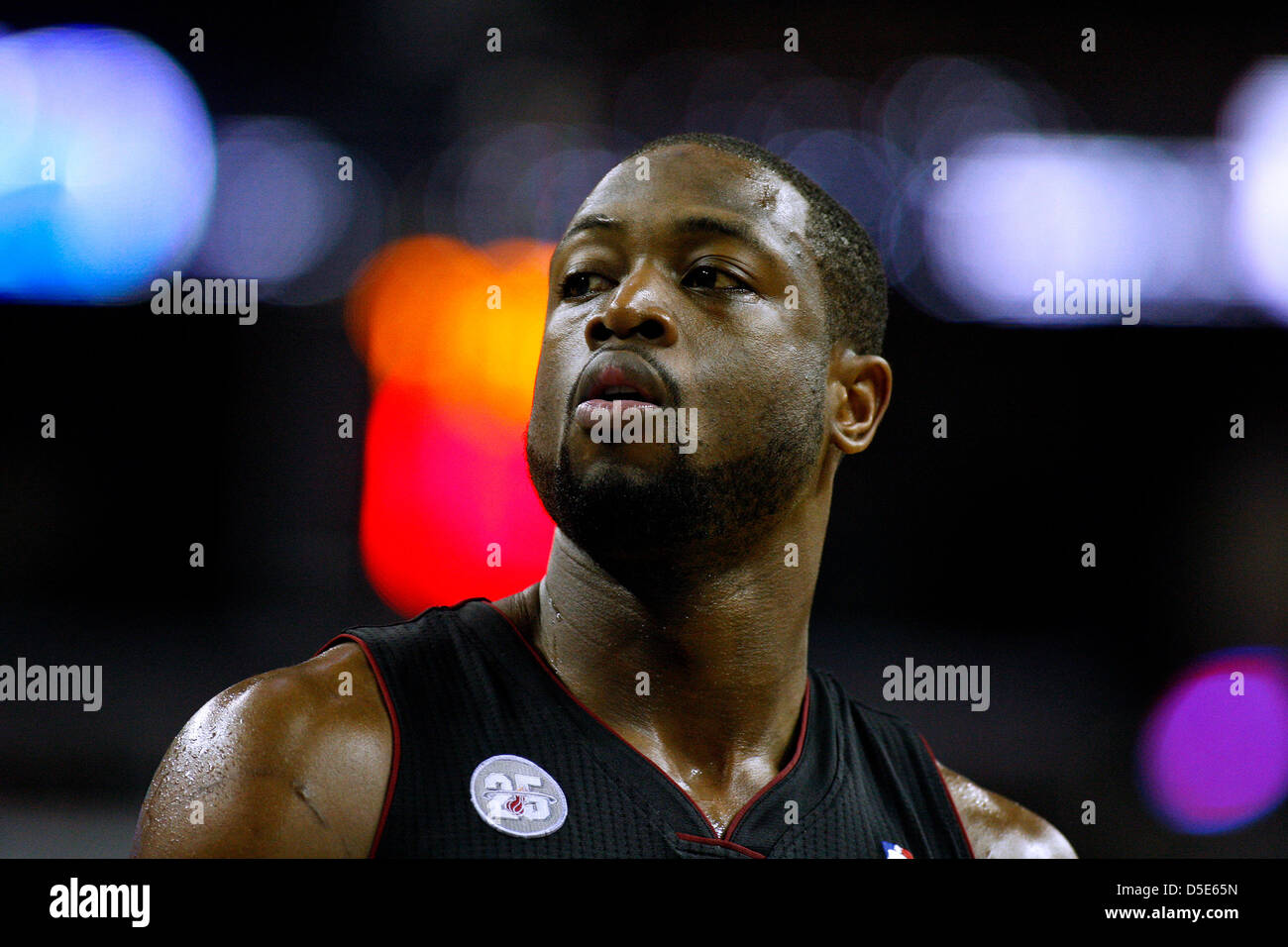 March 29, 2013 - New Orleans, Louisiana, United States of America - March 29, 2013: Miami Heat shooting guard Dwyane Wade (3) during the NBA basketball game between the New Orleans Hornets and the Miami Heat at the New Orleans Arena in New Orleans, LA. Stock Photo