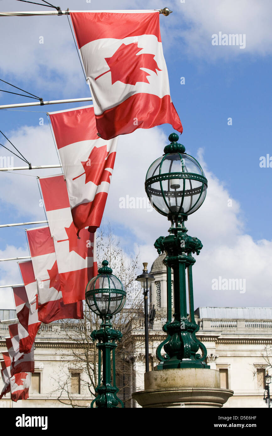 The National Flag of Canada flying at the Canadian embassy in London England Stock Photo