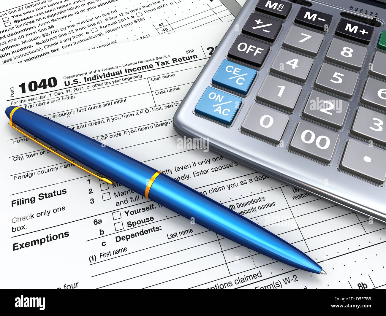 Tax Return 1040, calculator and pencil on white background. 3d Stock