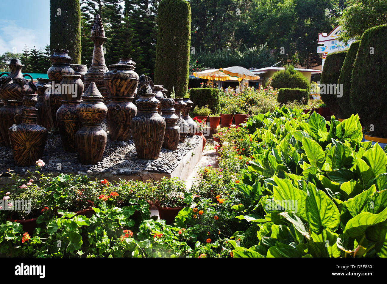 Decorative urns in a park, Peace Park, Mount Abu, Sirohi District, Rajasthan, India Stock Photo