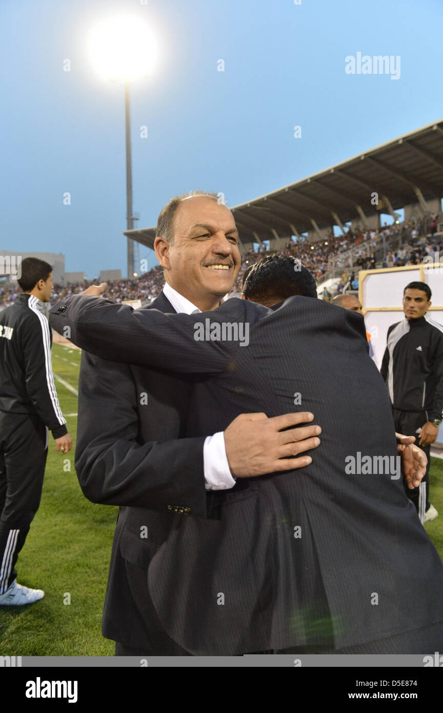 Adnan Hamad (JOR), MARCH 26, 2013 - Football / Soccer : Jordan head coach Adnan Hamad celebrates after the 2014 FIFA World Cup Asian Qualifiers Final Round Group B match between Jordan 2-1 Japan at King Abdullah International Stadium in Amman, Jordan. (Photo by Jinten Sawada/AFLO) Stock Photo