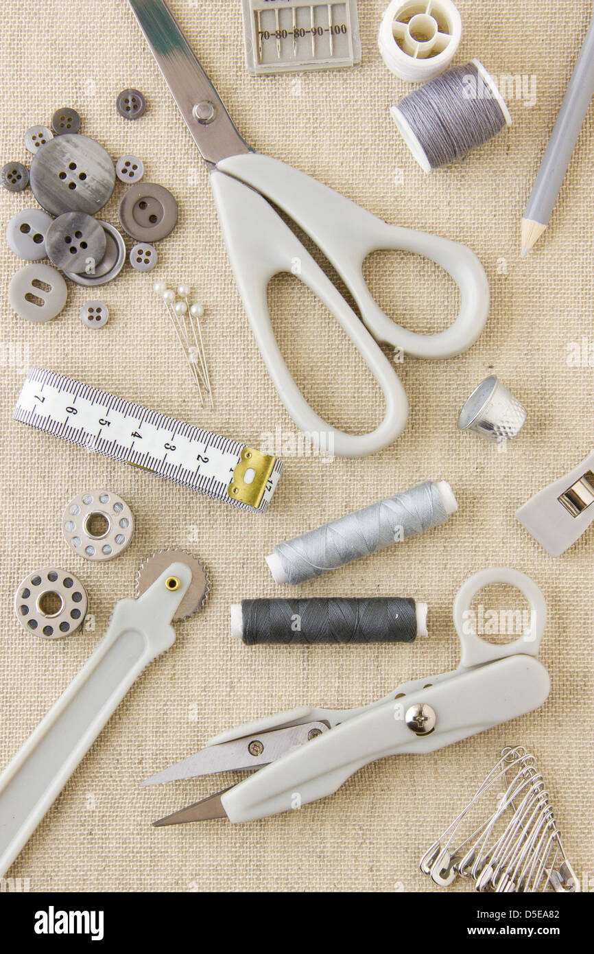 A collection of sewing, needlecraft, dressmaking, tailoring tools and