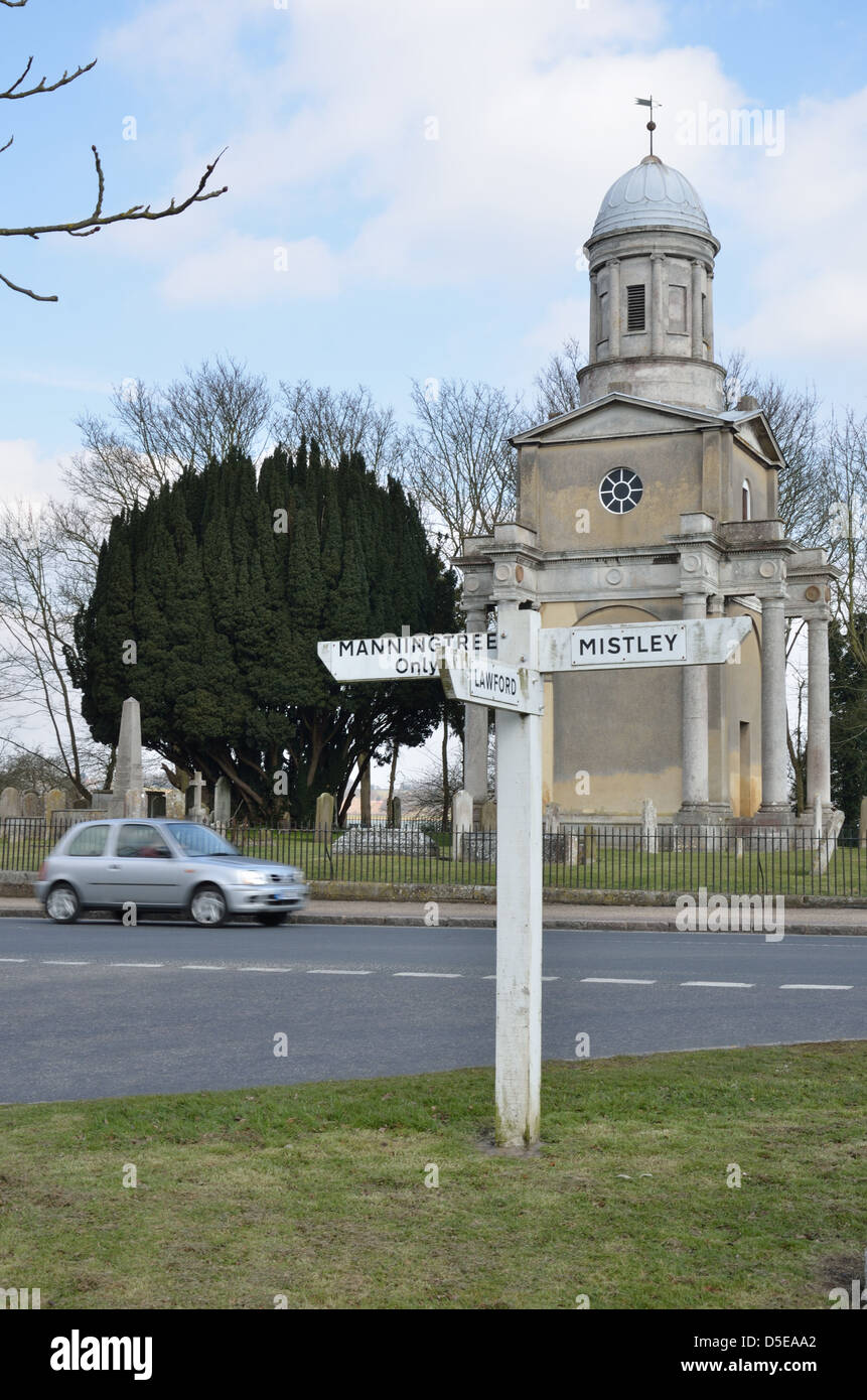 church tower at mistley essex with road sign Stock Photo - Alamy