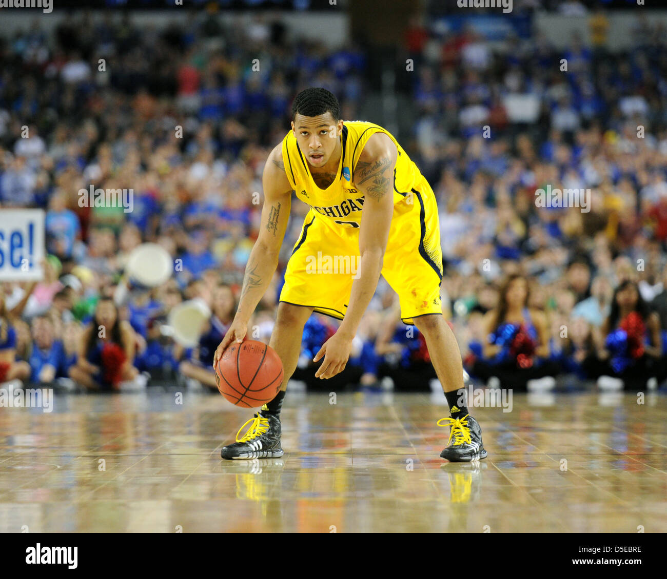 March 29, 2013: Michigan Wolverines guard Trey Burke #3 scored 23 points during the NCAA Tournament South region game between the University of Michigan Wolverines and the University of Kansas Jayhawks at Cowboys Stadium in Arlington, TX Michigan defeated Kansas 87-85 Stock Photo