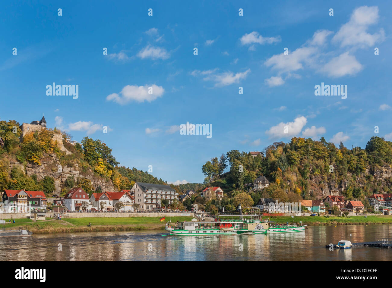 View over the Elbe river to the health resort Lower Rathen, near Dresden, Saxony, Germany, Saxon Switzerland, Europe Stock Photo