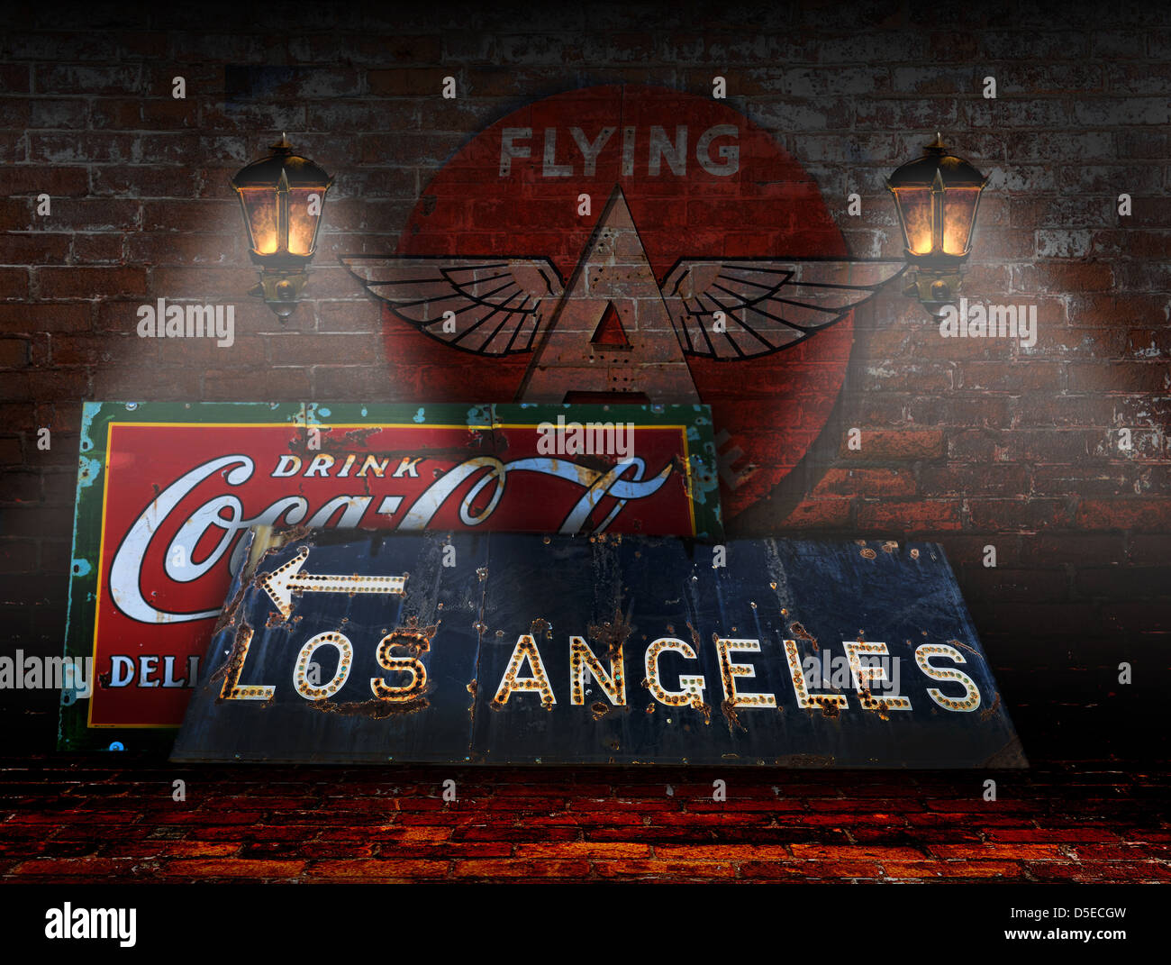 The Road To Los Angeles - old bullet-holed and rusty freeway sign along with a Coca Cola sign and a Flying A sign. Stock Photo