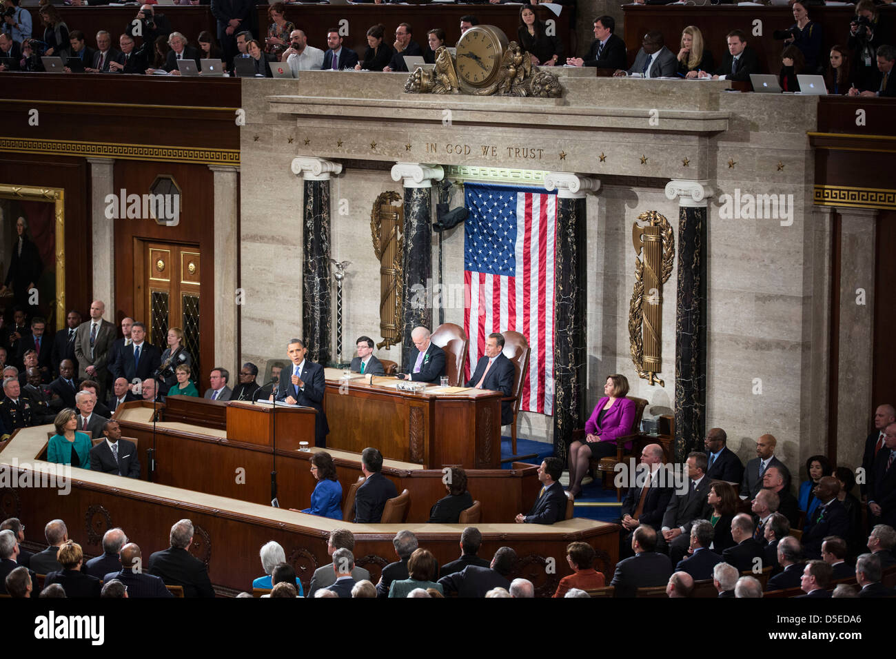 U.S. President Barack Obama delivers the State of the Union address to a joint session of Congress at the Capitol in Washington. Stock Photo