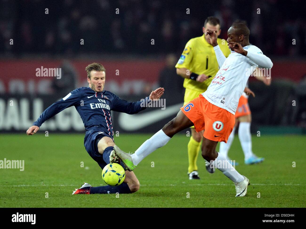 29.01.2013. Paris, France.   David Beckham PSG and Bryan Dabo MON French League one football. Paris St Germain versus Monpellier. Stock Photo