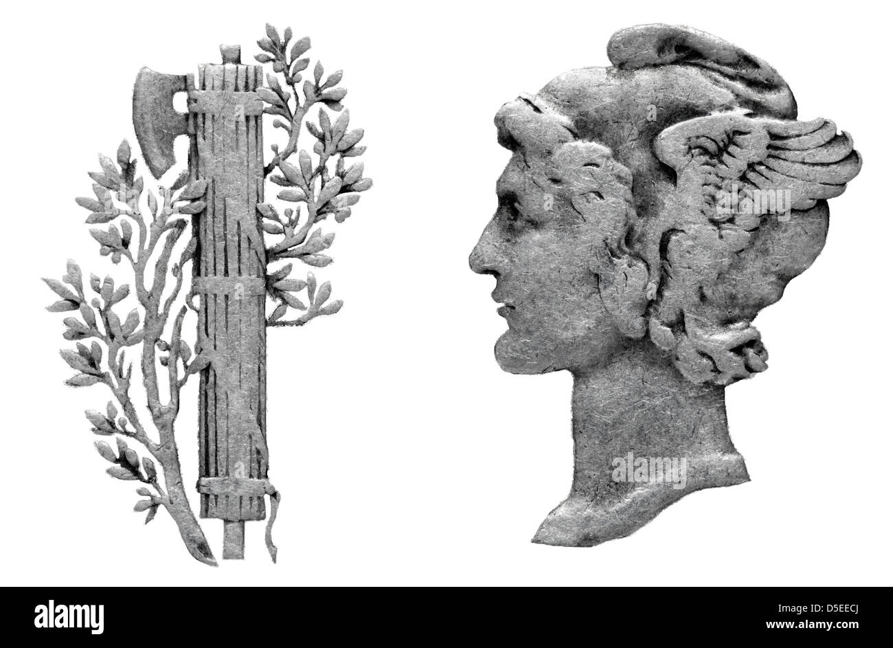 Mercury head, olive branch and fasces from 1 Dime (10 cents) silver coin, USA, 1943, on white background Stock Photo