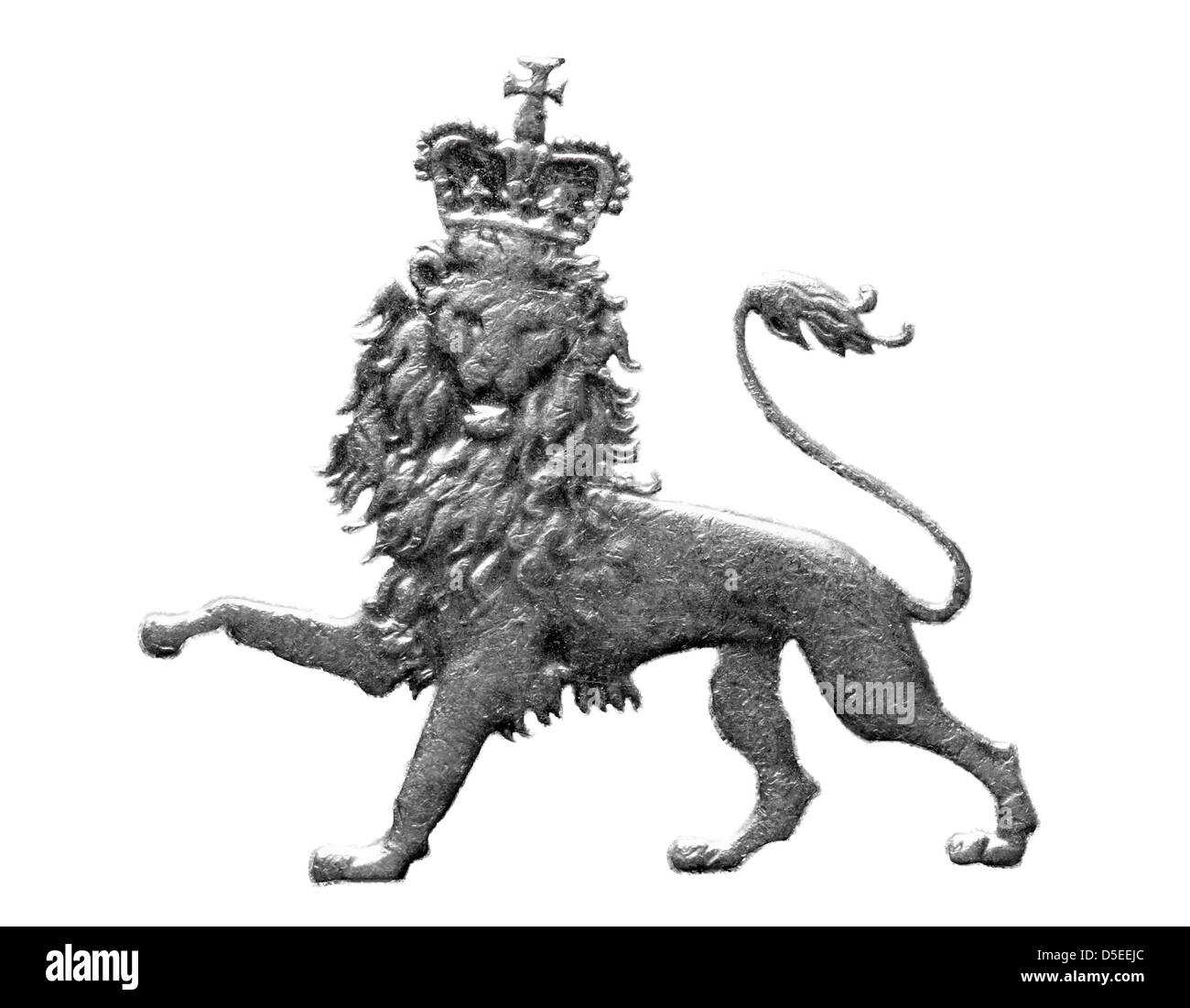 Crowned lion from 10 pence coin, UK, 2003, on white background Stock Photo