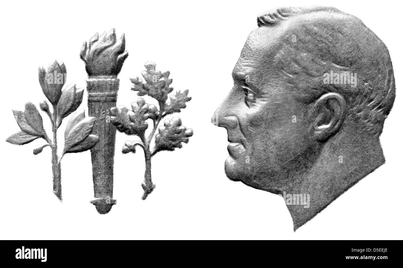 Portrait of Franklin D. Roosevelt, olive branch, torch, oak branch from 1 Dime coin, USA, 1990, on white background Stock Photo