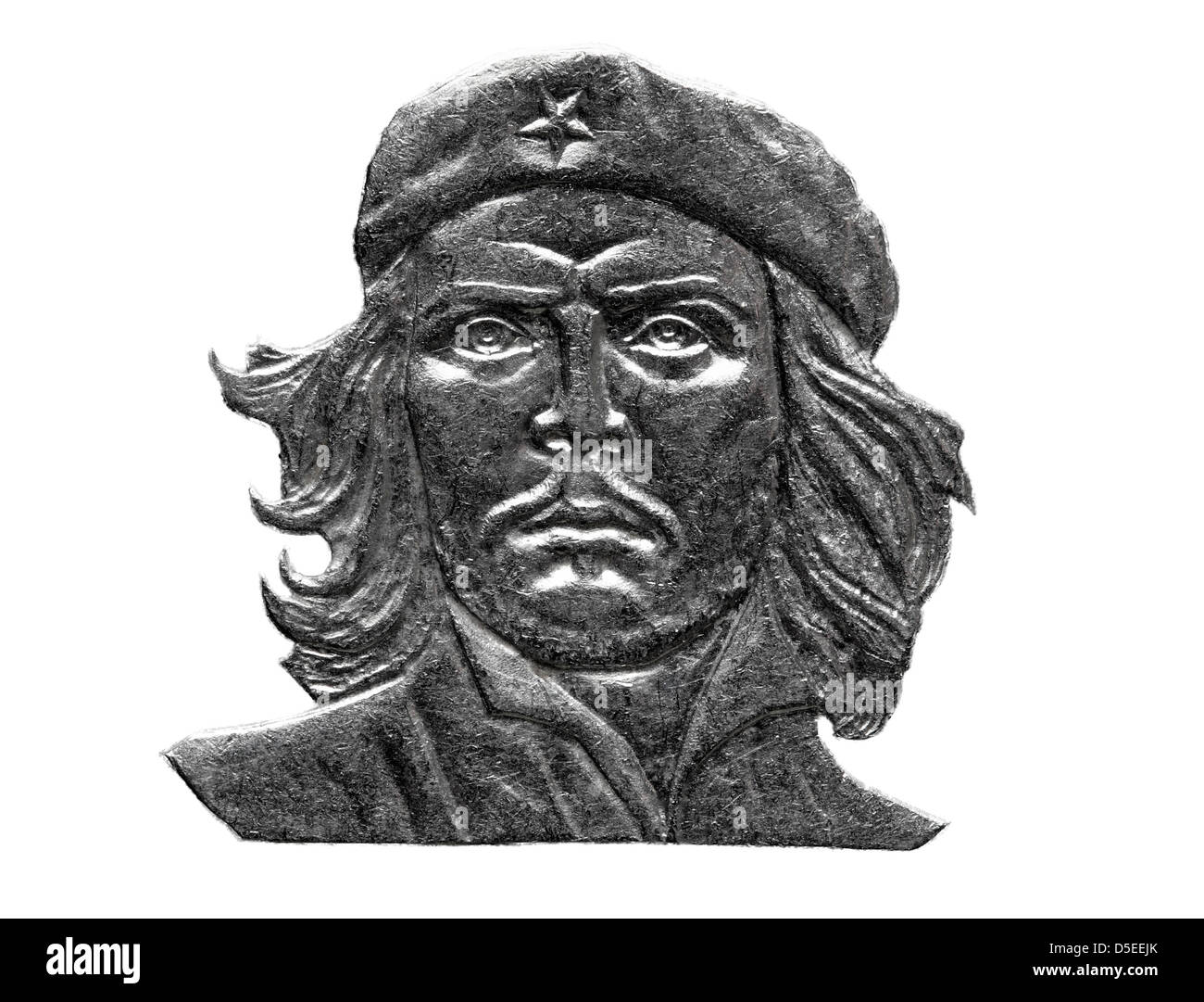 Portrait of Ernesto Che Guevara from 3 pesos coin, Cuba, 1992, on white background Stock Photo