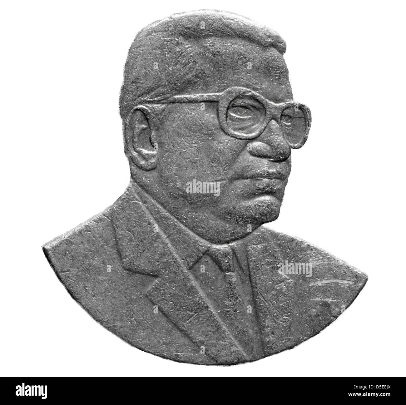 Portrait of Sir Seewoosagur from 1 Rupee coin, Mauritius, 1987, on white background Stock Photo